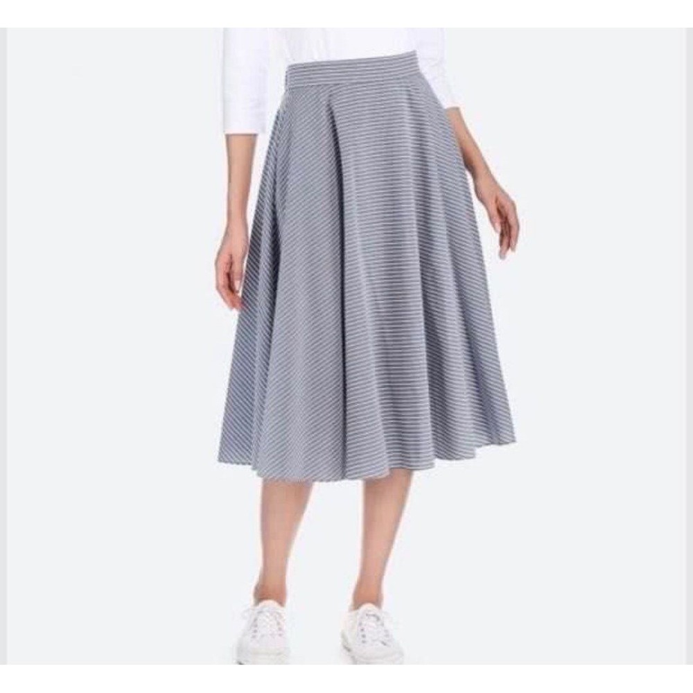 Uniqlo Flare Skirt Women L Gray White Striped Coastal Pockets Lined